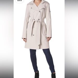 Calvin Klein Womens Double Breasted Belted Rain Jacket With Removable Hood L